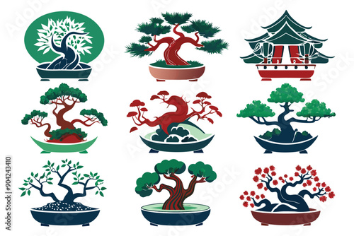 Collection of Nine Stylized Bonsai Trees in Pots