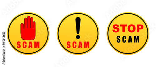 set Scam alert sing. Scam alert icon for hacking crime technology. Scam warning sign graphic for spam email message and error virus. Vector