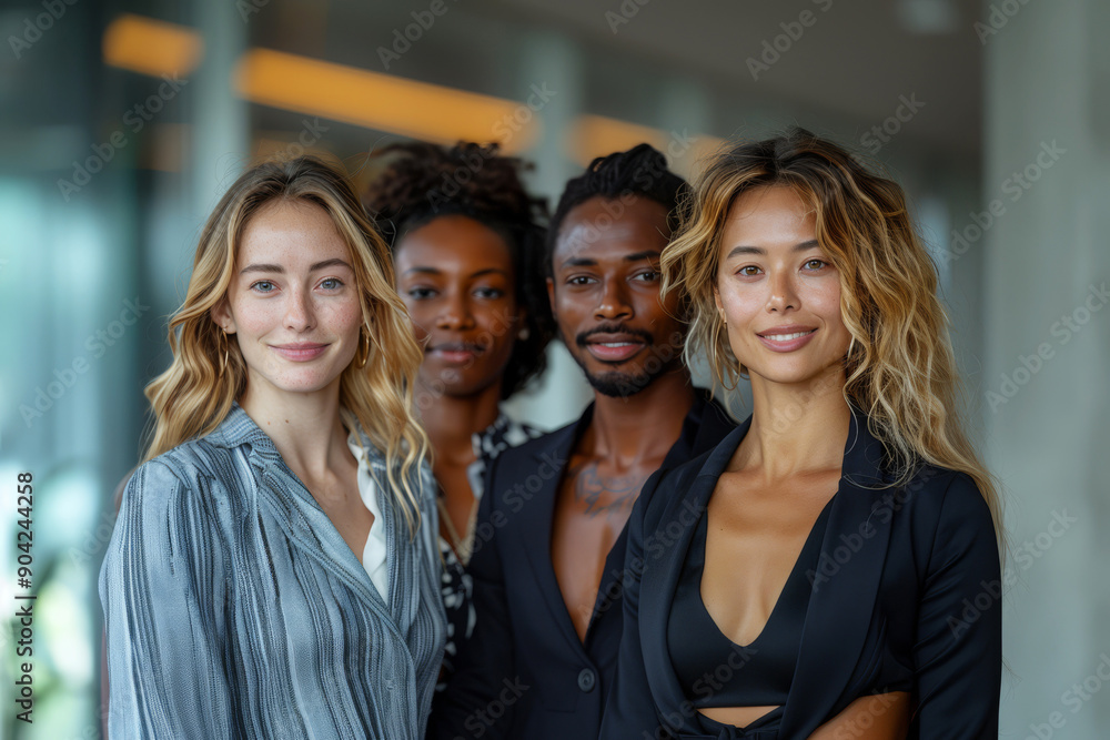 A vibrant group of employees showcases their unique identities and backgrounds, reflecting inclusivity and teamwork in a contemporary office setting A vibrant group of employees showcases their unique identities and backgrounds, reflecting inclusivity and teamwork in a contemporary office setting
