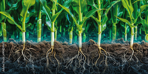 Illustration of healthy corn plants with visible root systems underground, showcasing their growth and development above and below the soil surface.