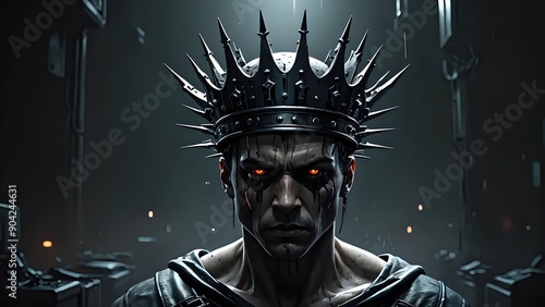 A man with an evil expression wears a crown with sharp spikes and glowing red eyes. photo