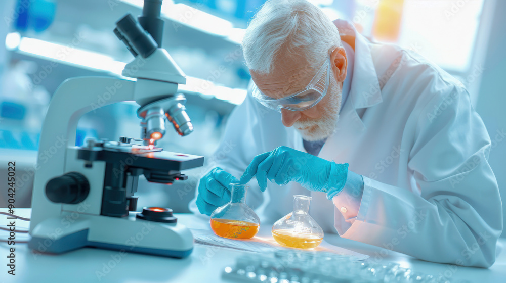 A focused scientist conducts research in a laboratory using a microscope and test tubes, showcasing innovation and expertise in science. A focused scientist conducts research in a laboratory using a microscope and test tubes, showcasing innovation and expertise in science.