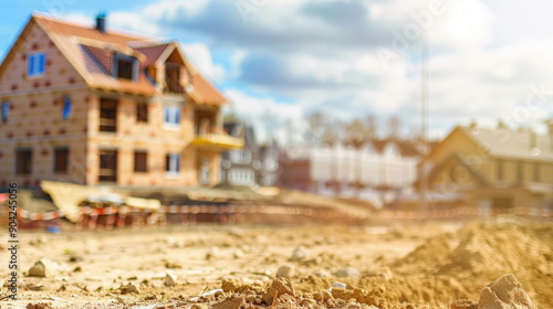 Blurred background of construction site with houses under development