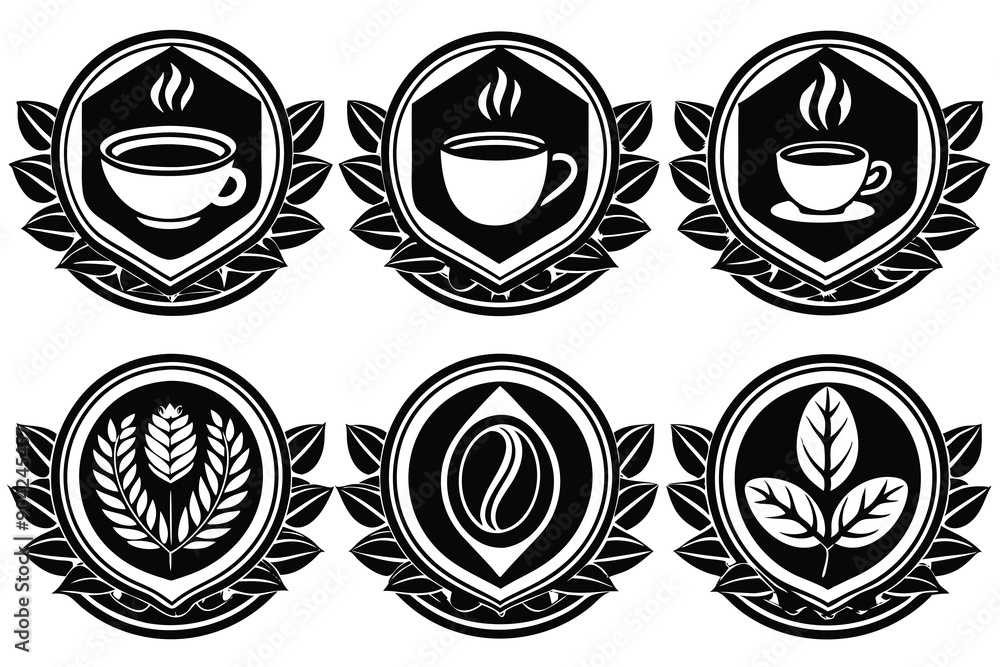 Six Black and White Coffee-Themed Emblems with Leaf Accents Six Black and White Coffee-Themed Emblems with Leaf Accents