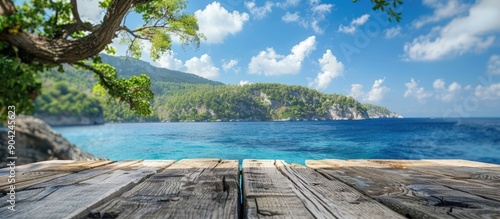 Fototapeta Naklejka Na Ścianę i Meble -  Capture the scenic island sea view with a copy space image on an aged wood log serving as the table backdrop