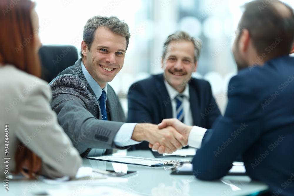 Fototapeta premium Business deal: Handshake between businessmen in a vibrant office