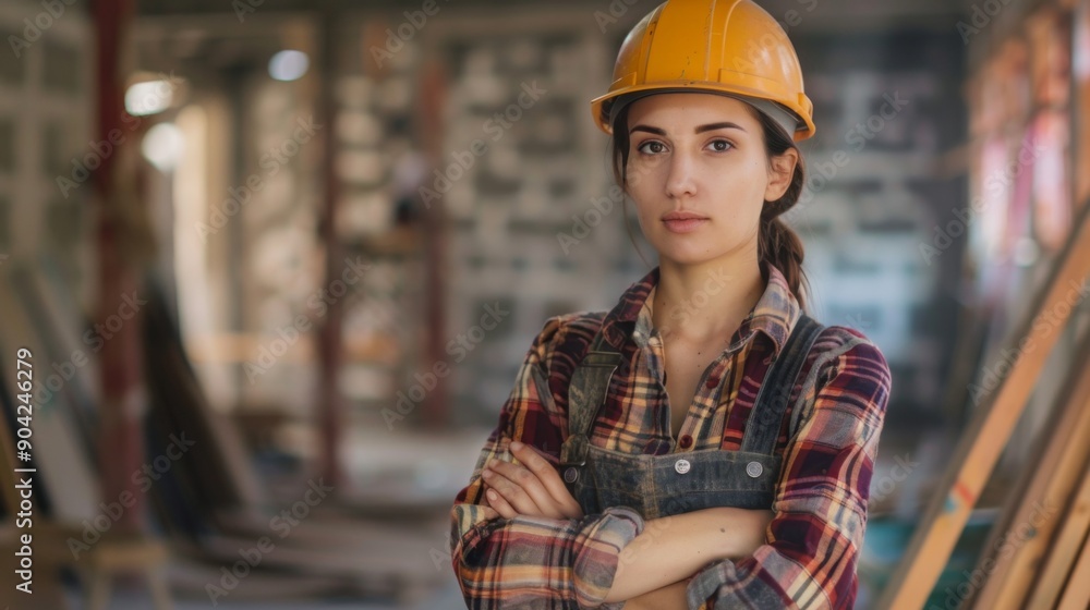 A beautiful woman worker wearing a hat to prevent accidents, standing with her arms crossed, confident in the construction A beautiful woman worker wearing a hat to prevent accidents, standing with her arms crossed, confident in the construction