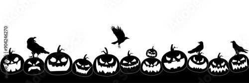 Halloween silhouette. Many different pumpkins carved for the holiday lie on the ground, crows fly around.Vector image
