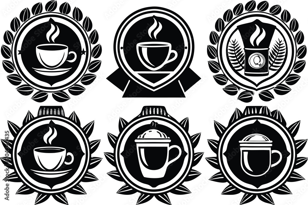 Set of Coffee Cup and Coffee Pot Icons in Ornamental Frames Set of Coffee Cup and Coffee Pot Icons in Ornamental Frames