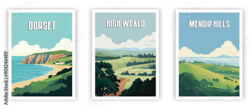 Dorset, High Weald, Mendip Hills Illustration Art. Travel Poster Wall Art. Minimalist Vector art