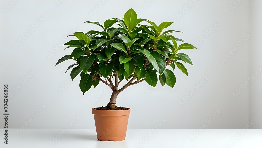 A potted plant with green leaves and a brown pot on a white surface with a white background. A potted plant with green leaves and a brown pot on a white surface with a white background.