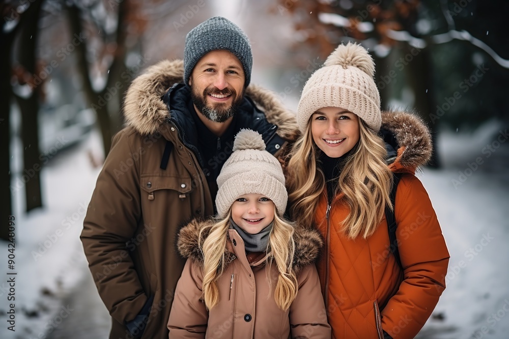 Happy father and his two daughters in the winter park Happy father and his two daughters in the winter park