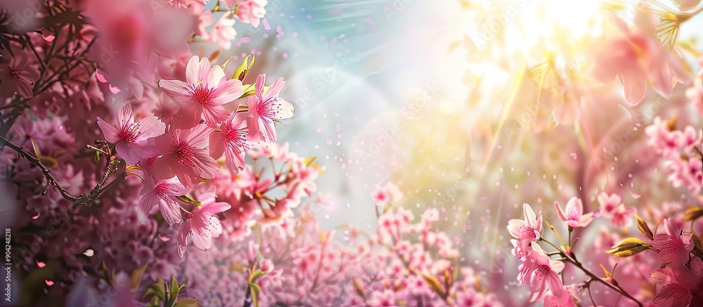 A vibrant spring day in the park with blooming sakura branches under the sunny sky where rays of sunlight filter through Include space for copy in the image