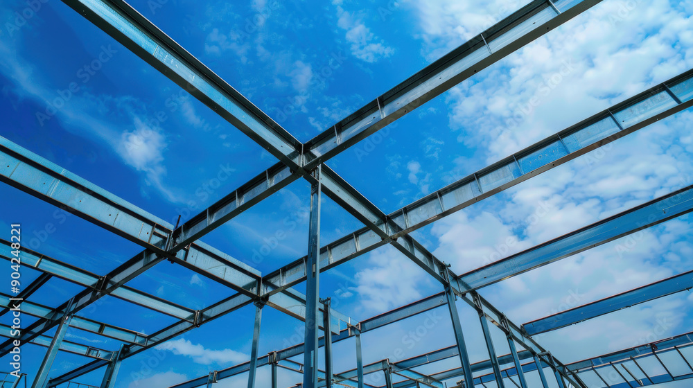 Steel Frame of Building Under Construction Against Blue Sky Steel Frame of Building Under Construction Against Blue Sky