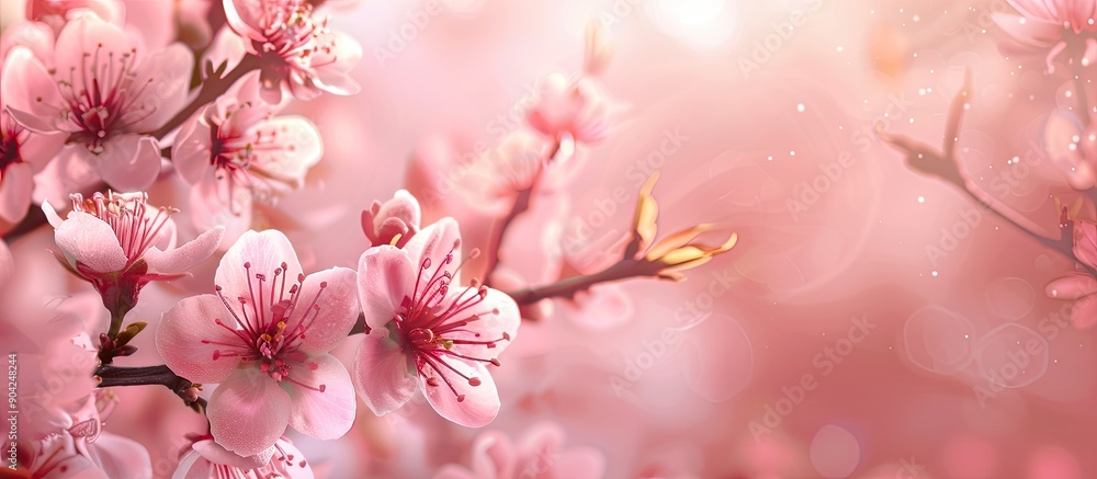 Close up of soft pink peach blossoms on a branch with a blank area for additional text or images known as a copy space image Close up of soft pink peach blossoms on a branch with a blank area for additional text or images known as a copy space image