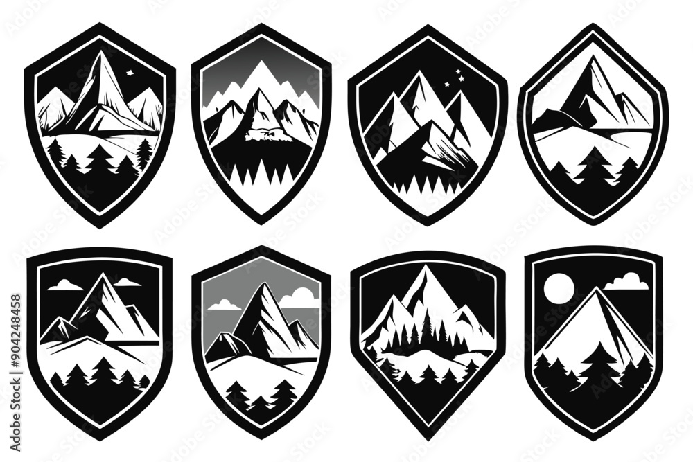 A Collection of Black and White Mountain Shield Designs A Collection of Black and White Mountain Shield Designs