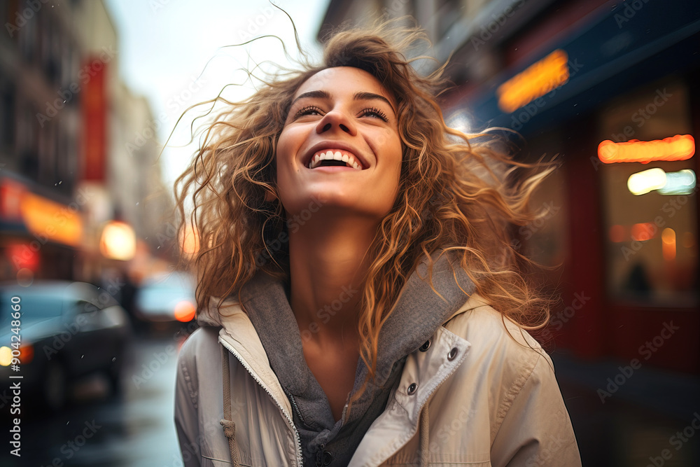 Happy smiling woman with raised head on city street Happy smiling woman with raised head on city street