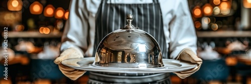 Closeup of Waiter, Restaurant Serving Tray with lid, Dome Platter, Hospitality Service photo