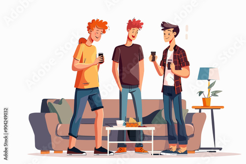 Friends Hanging Out: Three young men enjoy a casual get-together, sharing laughs and stories while looking at their phones, capturing the essence of modern friendship and relaxed camaraderie. 