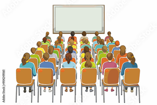 Engaged Audience: A large group of diverse individuals attentively seated, facing a blank whiteboard, ideal for educational or presentation concepts. 