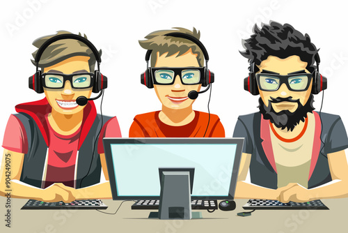Gamer Squad Goals: Cartoon of three friends, united in focus, headsets on, ready to conquer the virtual world. 