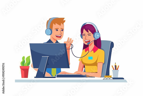 Customer Service Duo:  A cartoon illustration of a male and female customer service representative working together at a desk, showcasing collaboration and teamwork in a professional setting.  