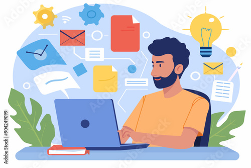 Focused on the Task: A digital illustration of a man working on his laptop, surrounded by icons representing tasks, communication, and ideas. The image conveys focus, productivity, and the digital wor