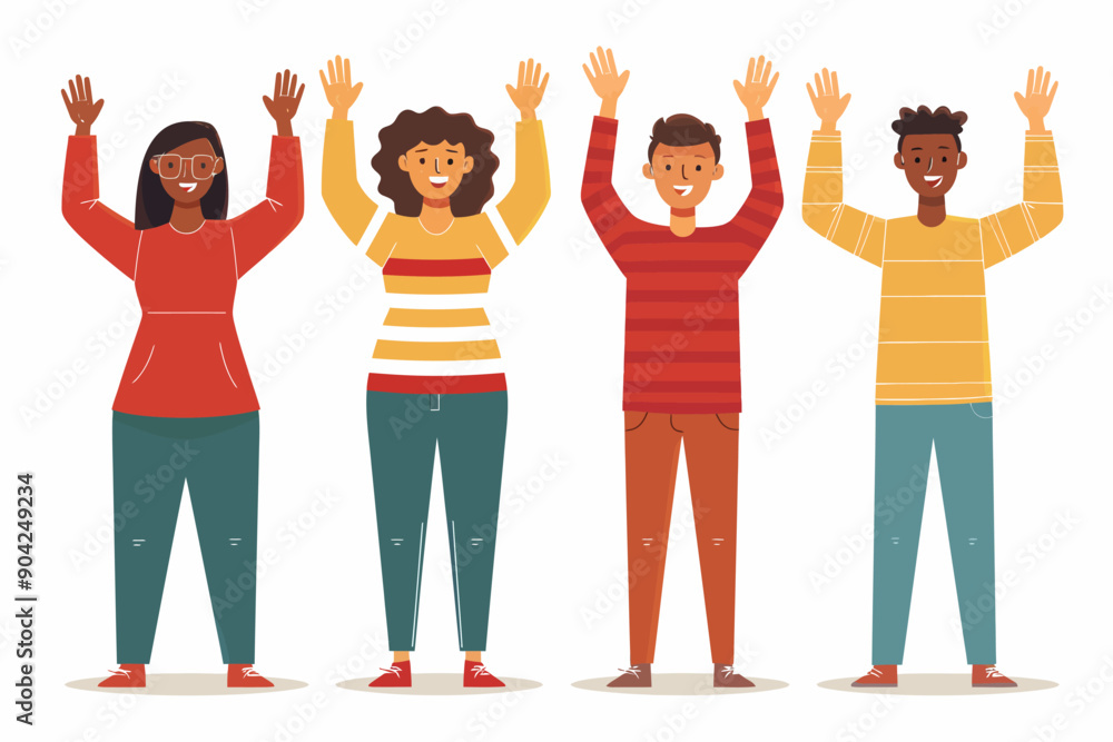Fototapeta premium Unity in Diversity: A vibrant illustration of four individuals from diverse backgrounds raise their hands in unison, symbolizing inclusivity, solidarity, and the power of coming together. 