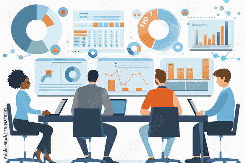 Data-Driven Decision Making:  A diverse team of business professionals analyzes data and charts displayed on multiple screens during a meeting, illustrating the power of data-driven decision making in