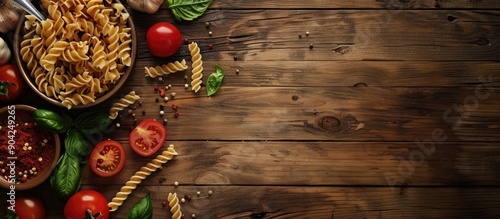 Top view of Italian tomato pasta with vegetables spices on wooden background Includes copy space image