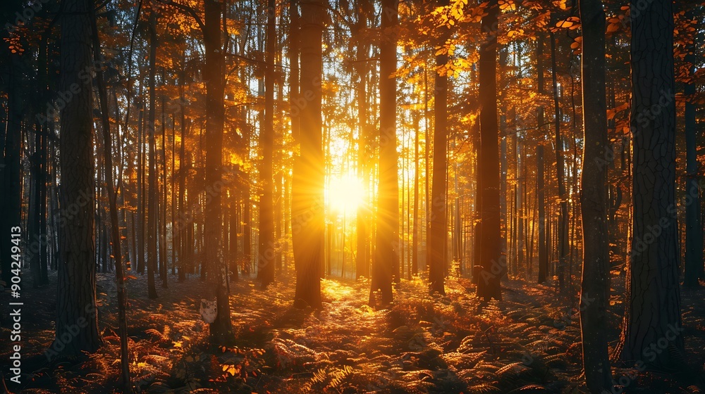 Autumn sunset in the woods between the stretched trees Autumn sunset in the woods between the stretched trees