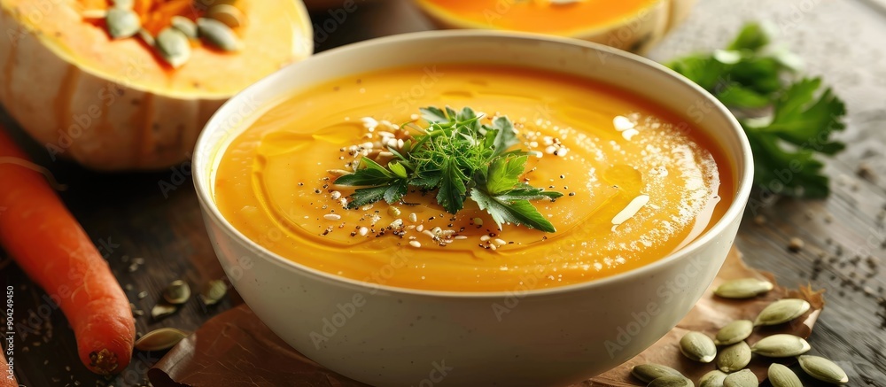 Creamy pumpkin and carrot soup garnished with seeds and fresh greens displayed beautifully in a perfect setting for a copy space image Creamy pumpkin and carrot soup garnished with seeds and fresh greens displayed beautifully in a perfect setting for a copy space image
