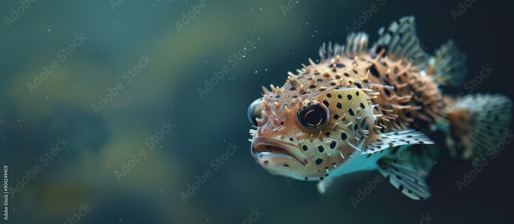 A black blotched porcupinefish swimming freely in the tank creating a vibrant copy space image A black blotched porcupinefish swimming freely in the tank creating a vibrant copy space image