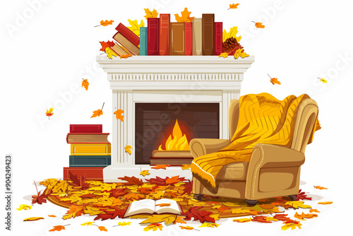 Cozy Autumn Fireplace Reading Nook: Warm, inviting illustration of a cozy reading nook with a fireplace, armchair, books, and autumn leaves, evoking a sense of relaxation and tranquility. 