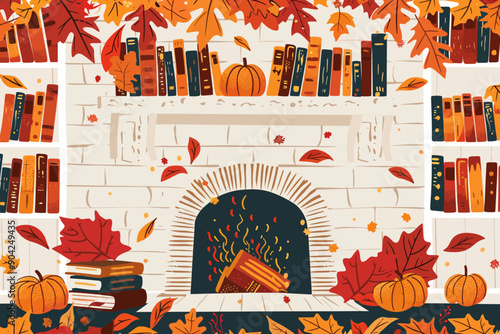 Cozy Autumn Fireplace with Books: A warm and inviting fireplace with a crackling fire, surrounded by bookshelves filled with books and pumpkins, creating a cozy autumn atmosphere.  