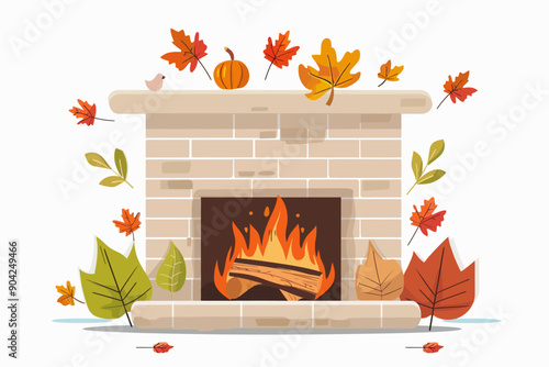 Cozy Autumn Fireplace: A warm, inviting fireplace with flickering flames, surrounded by colorful autumn leaves and pumpkins, creating a cozy atmosphere for fall.  