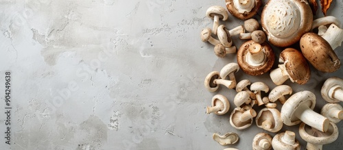 Assorted fresh dried and pickled mushrooms like oyster cremini porcini and shiitake on a light concrete background with copy space image Great vegan cooking ingredient