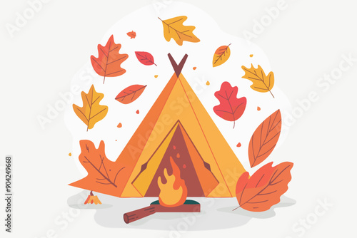 Cozy Autumn Campsite:  A whimsical illustration of a cozy campsite nestled in the heart of autumn, with a warm fire crackling in front of a tent adorned by vibrant red and orange leaves, evoking a sen