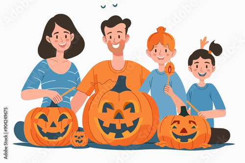 Family Pumpkin Carving Fun: A cheerful family of four enjoys quality time together, carving spooky and silly faces into pumpkins for Halloween. 