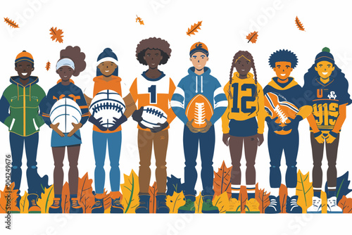 Diverse Kids Football Team: A vibrant illustration of a diverse group of young athletes, each holding a football, standing together in a united front. A symbol of sportsmanship, camaraderie, and the p
