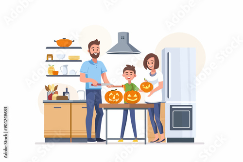 Family Halloween Preparations: A joyful family carves spooky faces into pumpkins in their cozy kitchen, embracing the spirit of Halloween. 