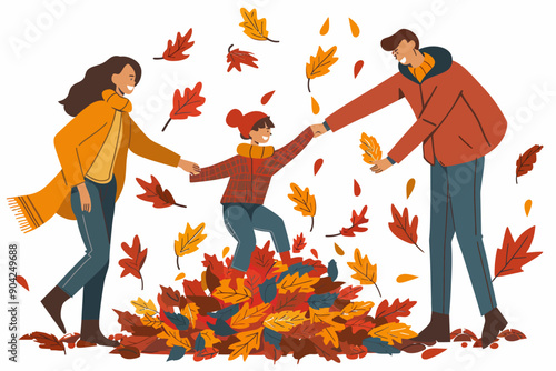 Autumn Family Fun: A joyous family revels in the crisp autumn air, playfully tossing vibrant leaves amidst a picturesque scene of seasonal bliss. 