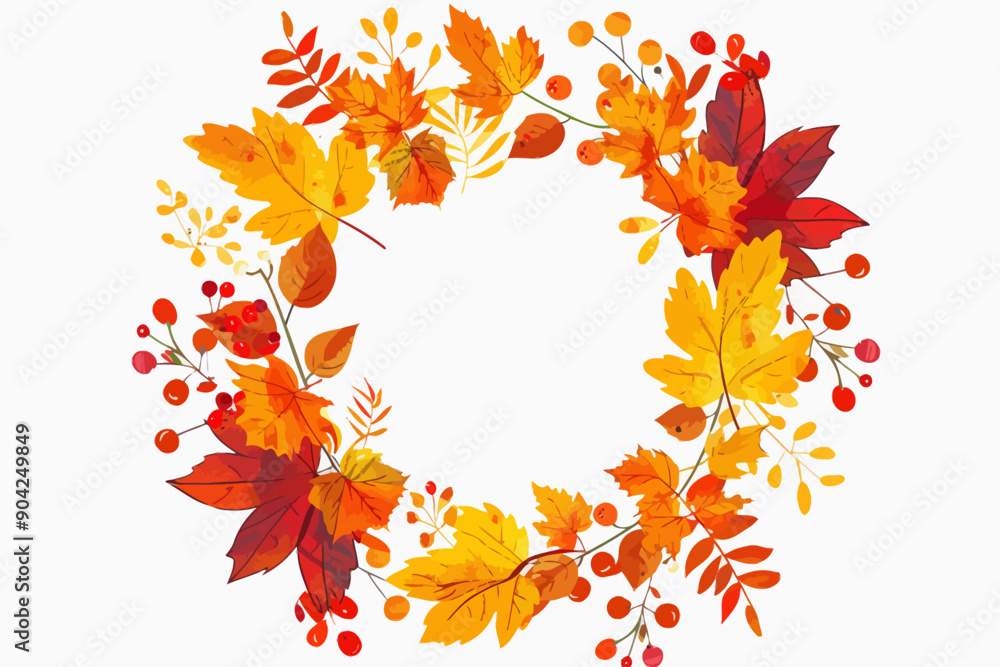 Autumn Wreath: A vibrant circular autumn wreath composed of red, orange, and yellow leaves, creating a warm and inviting atmosphere. Perfect for fall-themed designs, invitations, and social media grap Autumn Wreath: A vibrant circular autumn wreath composed of red, orange, and yellow leaves, creating a warm and inviting atmosphere. Perfect for fall-themed designs, invitations, and social media grap