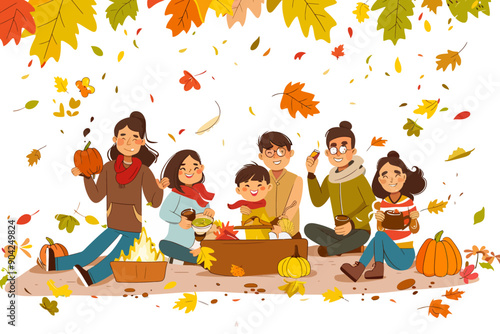 Autumn Family Gathering: A heartwarming illustration of a diverse family enjoying a cozy autumn picnic surrounded by falling leaves, pumpkins, and a crackling fire. Perfect for capturing the essence o