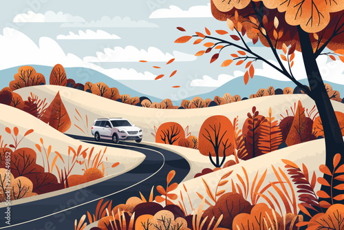 Autumn Road Trip Adventure: A modern SUV cruises through a picturesque autumnal landscape, embarking on a scenic journey through rolling hills and vibrant foliage. 