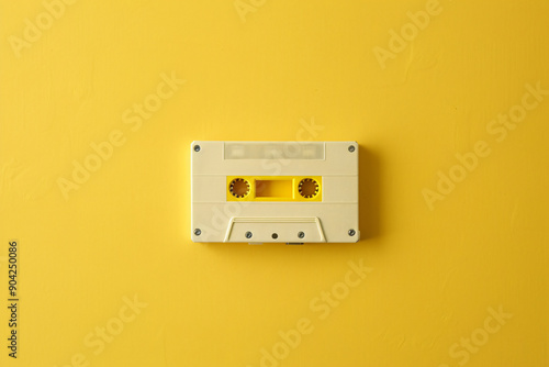 Overhead view of a classic tape cassette on a pastel yellow surface. The cassette's features, including the magnetic tape and screws, are captured with high clarity. The pastel hue provides a gentle