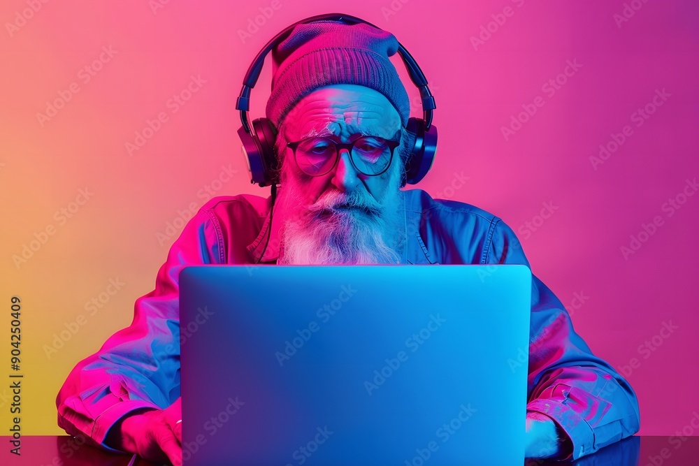 An elderly man sits at his computer wearing headphones, neon An elderly man sits at his computer wearing headphones, neon