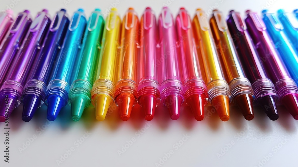 A collection of colorful gel pens is arranged in a neat row, showcasing their bright shades and inviting creativity A collection of colorful gel pens is arranged in a neat row, showcasing their bright shades and inviting creativity