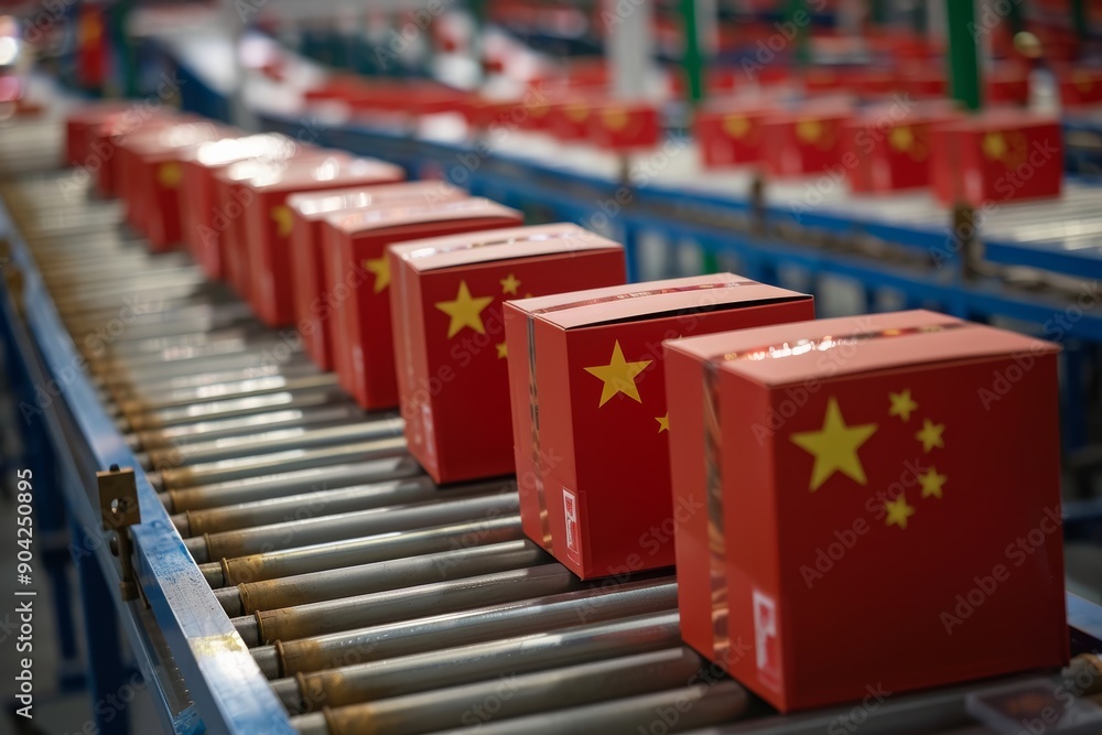 Boxes with China flag motifs on industrial assembly line Boxes with China flag motifs on industrial assembly line
