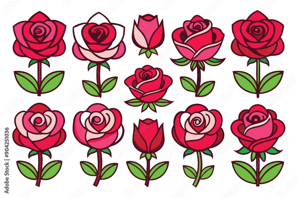 Collection of Various Styles of Red Roses with Green Leaves Collection of Various Styles of Red Roses with Green Leaves